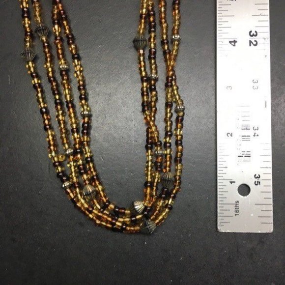 Long Double Strand Necklace Amber Brown Beads Fluted Silver Retro Boho Hippie - Picture 5 of 6